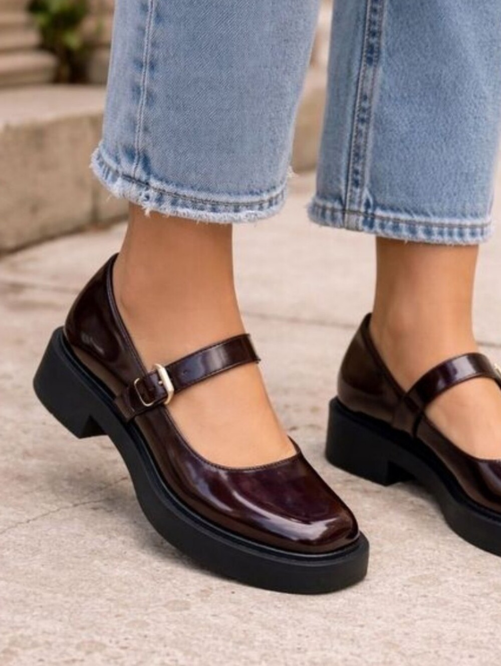 ZARA Burgundy Patent Mary Jane Platform Loafers – Chunky Sole